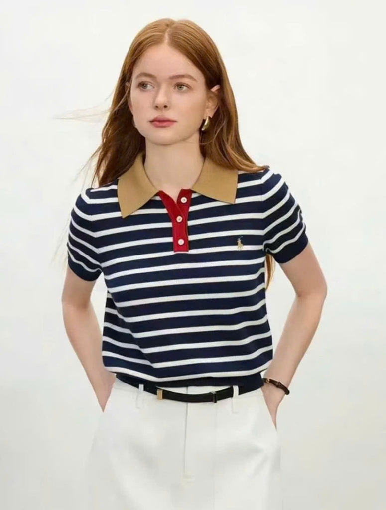 Áo kẻ ngang Polo cổ bẻ dệt kim 2 màu