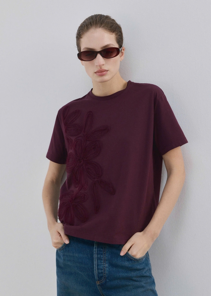 ÁO T-SHIRT COTTON THÊU HOA