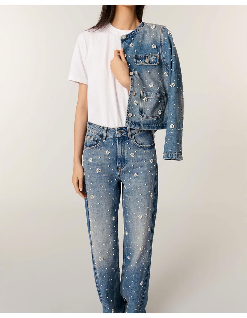 QUẦN JEAN DENIM ỐNG RỘNG ĐÍNH CƯỜM HOA PERLA
