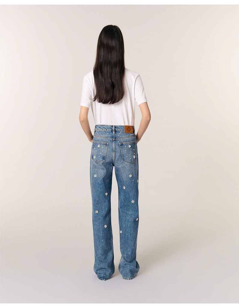 QUẦN JEAN DENIM ỐNG RỘNG ĐÍNH CƯỜM HOA PERLA
