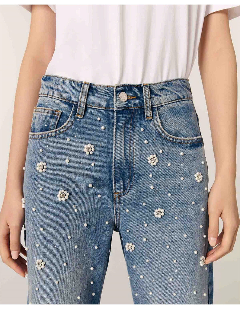 QUẦN JEAN DENIM ỐNG RỘNG ĐÍNH CƯỜM HOA PERLA