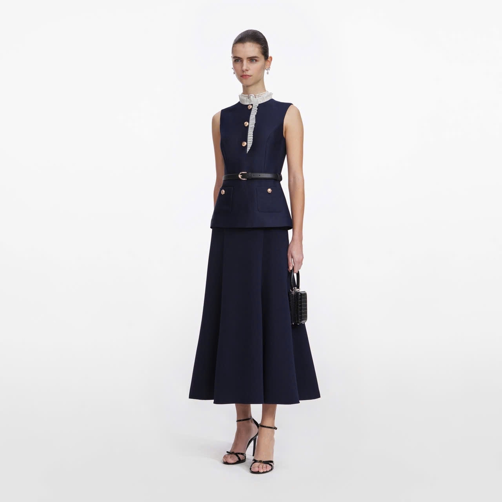 ĐẦM MIDI XẾP LY TƯƠNG PHẢN BẰNG VẢI TAFFETA MÀU XANH HẢI QUÂN
