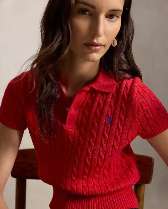 Áo polo dáng lửng bằng cotton dệt kiểu vặn thừng
