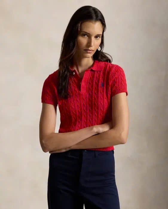Áo polo dáng lửng bằng cotton dệt kiểu vặn thừng