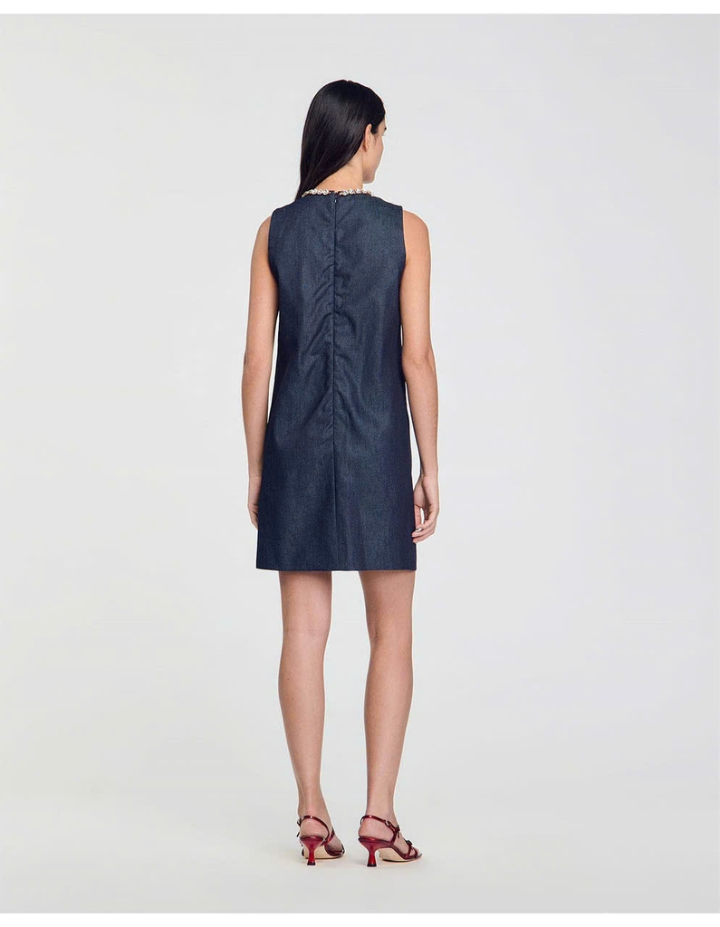Váy Sandro denim khoét giọt lệ đá dáng suông