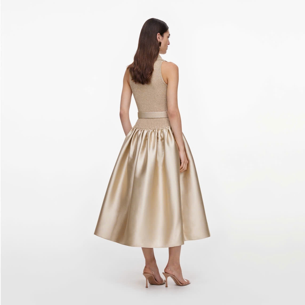 ĐẦM MIDI SELF -PORTRAI DỆT KIM KHÔNG TAY MÀU VÀNG ÁNH KIM BẰNG VẢI TAFFETA