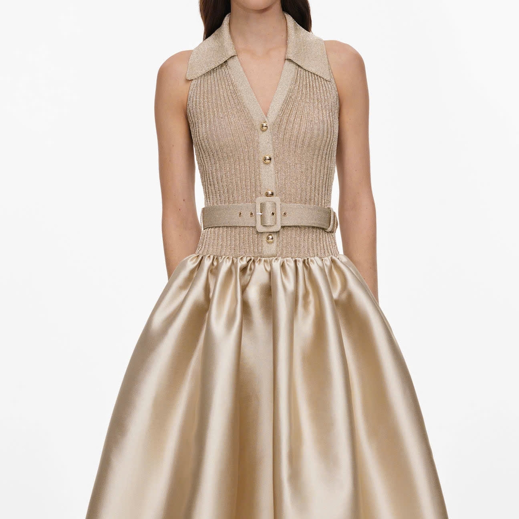 ĐẦM MIDI SELF -PORTRAI DỆT KIM KHÔNG TAY MÀU VÀNG ÁNH KIM BẰNG VẢI TAFFETA