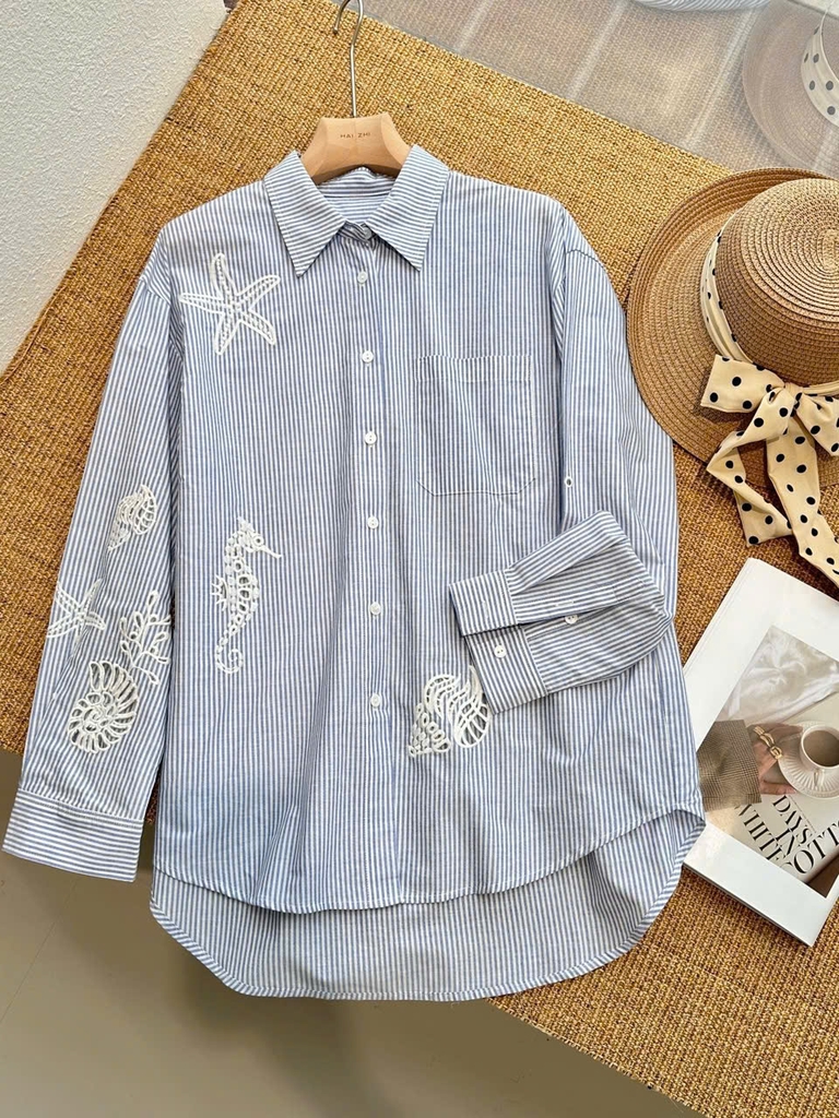 Set ICICLE kẻ xanh Sơ mi mix Quần short ren chỉ trắng