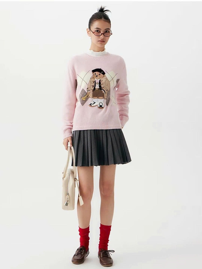 Áo len WHOAU cổ tròn len wool 2 màu hoạ tiết gấu thêu Freesize