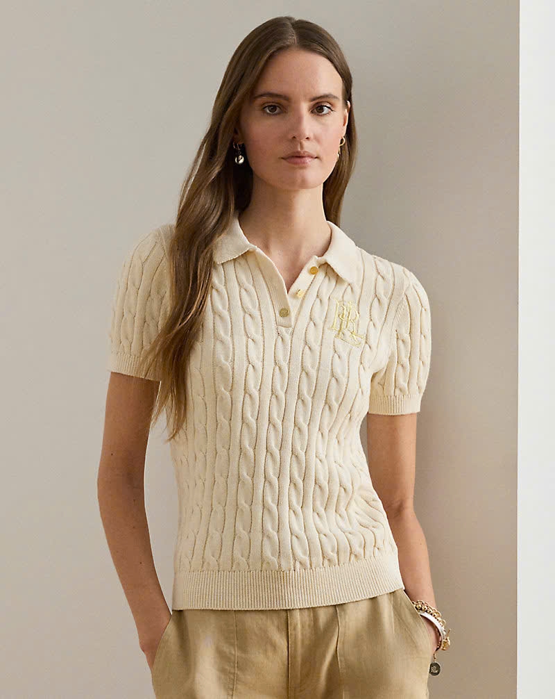 Áo POLO RL cotton dệt kim kiểu cáp ngắn tay