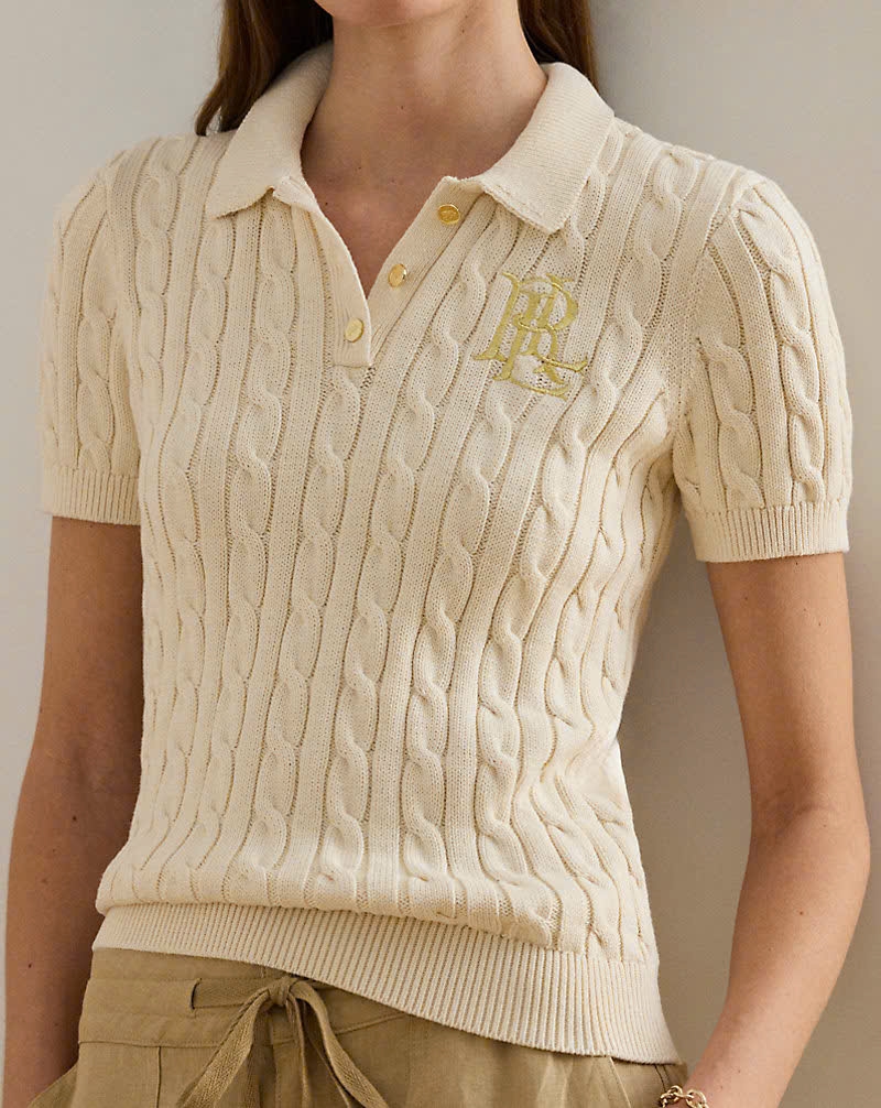 Áo POLO RL cotton dệt kim kiểu cáp ngắn tay