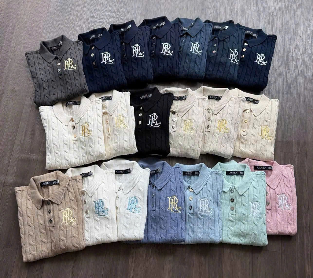 Áo POLO RL cotton dệt kim kiểu cáp ngắn tay