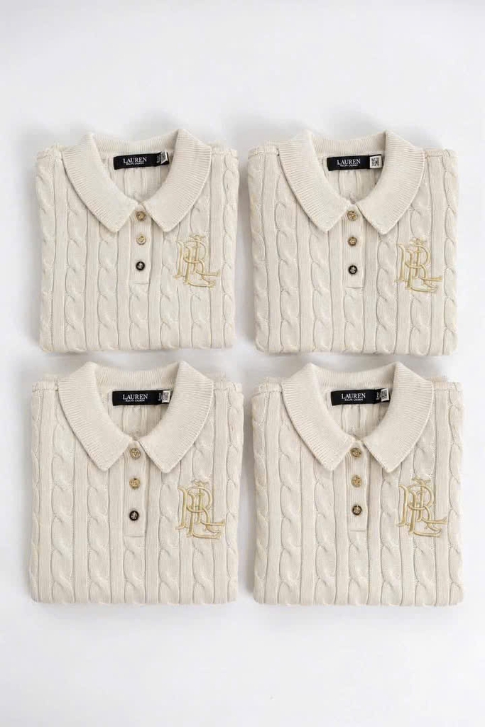 Áo POLO RL cotton dệt kim kiểu cáp ngắn tay