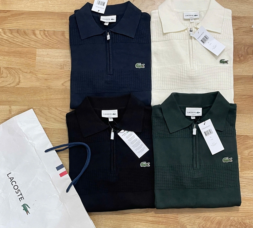 Áo len nam Lacoste ngắn tay cổ đức logo ngực 100% cotton