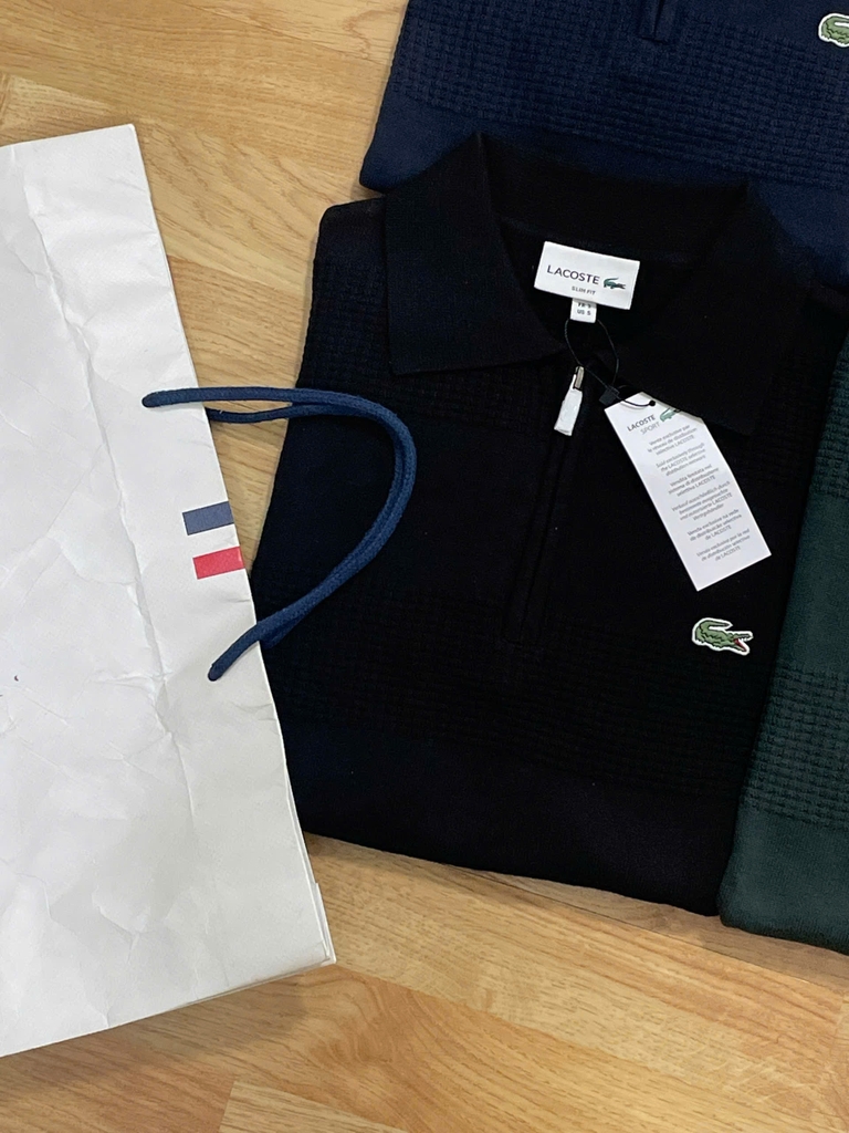 Áo len nam Lacoste ngắn tay cổ đức logo ngực 100% cotton