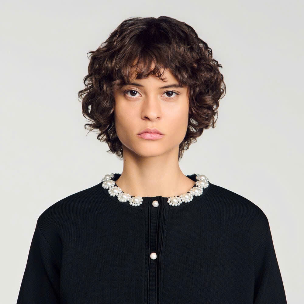 ÁO CARDIGAN SANDRO CỔ HOA ĐÍNH NGỌC TRAI
