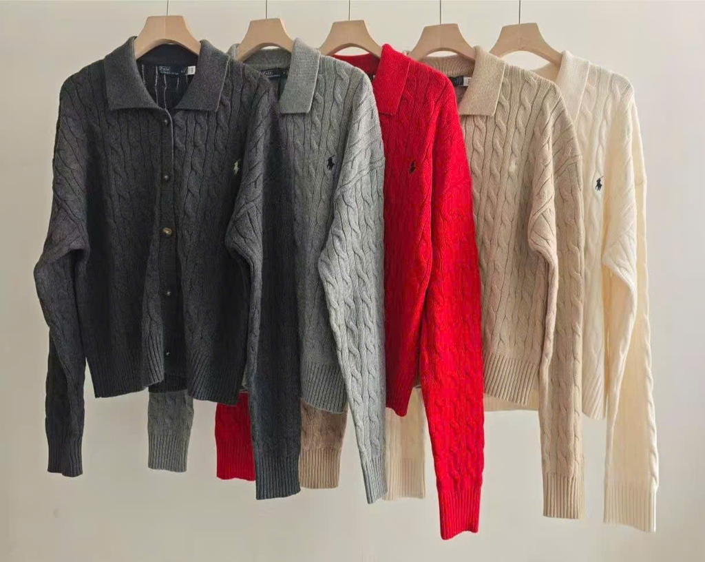 Áo khoác cardigan POLO RL dệt kiểu cáp vặn thừng, chất liệu cotton, cổ polo