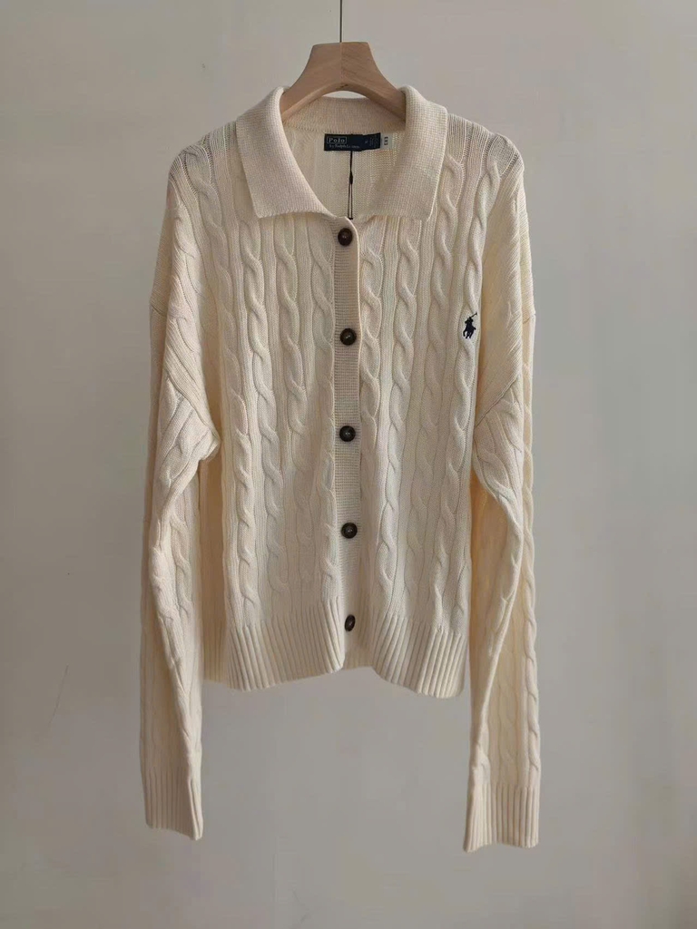 Áo khoác cardigan POLO RL dệt kiểu cáp vặn thừng, chất liệu cotton, cổ polo