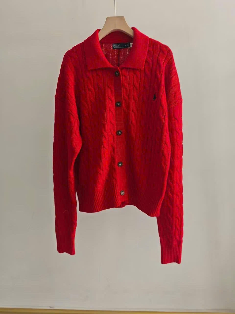 Áo khoác cardigan POLO RL dệt kiểu cáp vặn thừng, chất liệu cotton, cổ polo