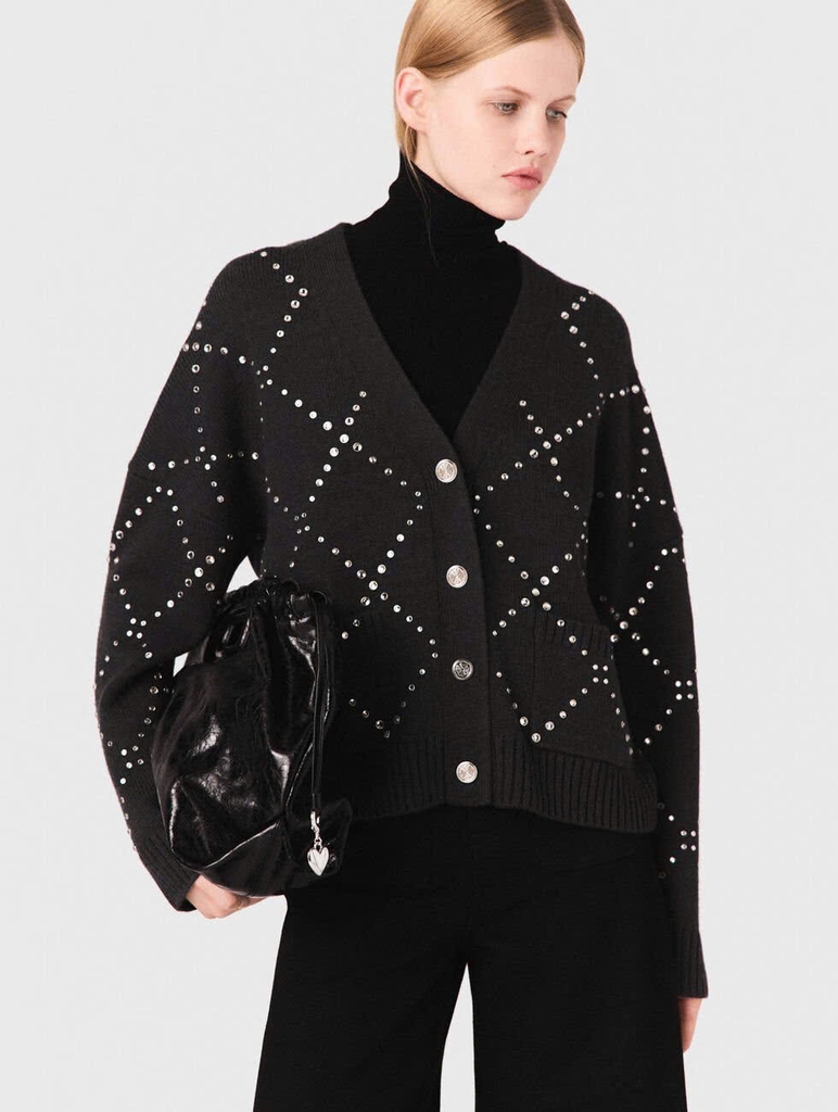 Áo len cardigan kẻ caro đính đá