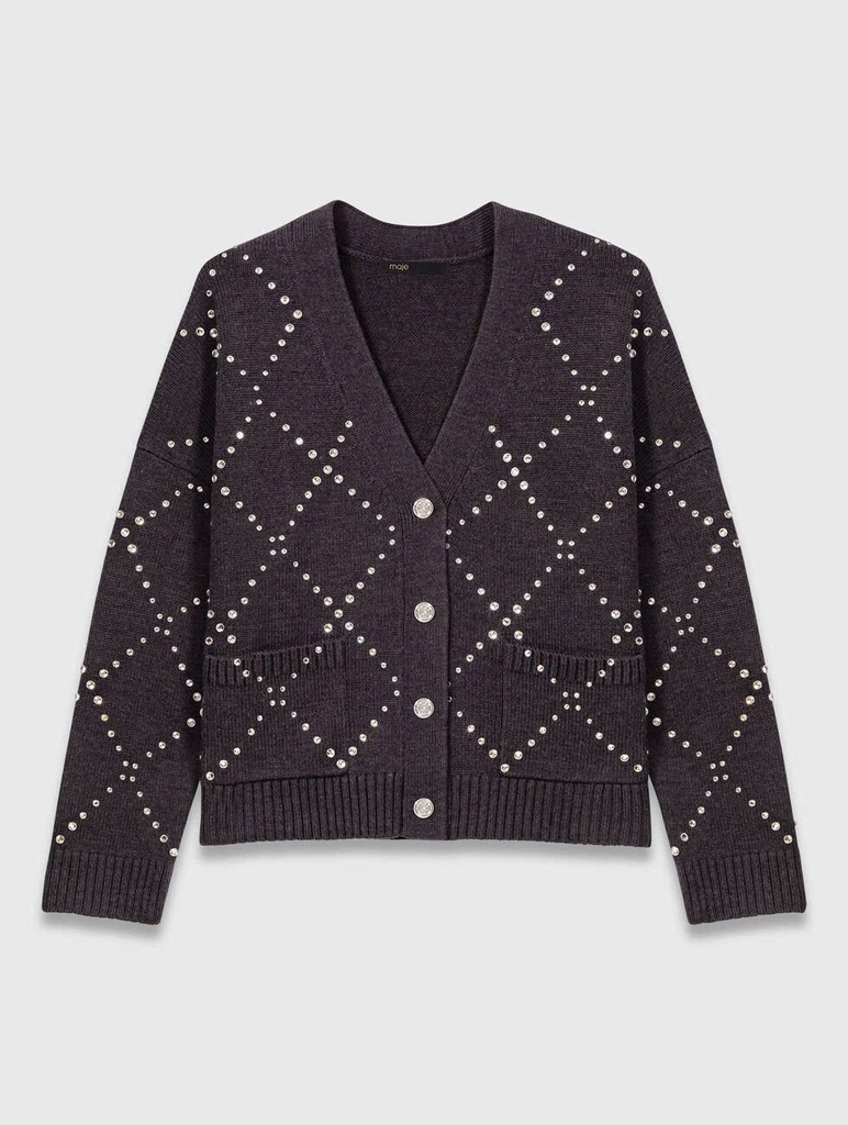 Áo len cardigan kẻ caro đính đá