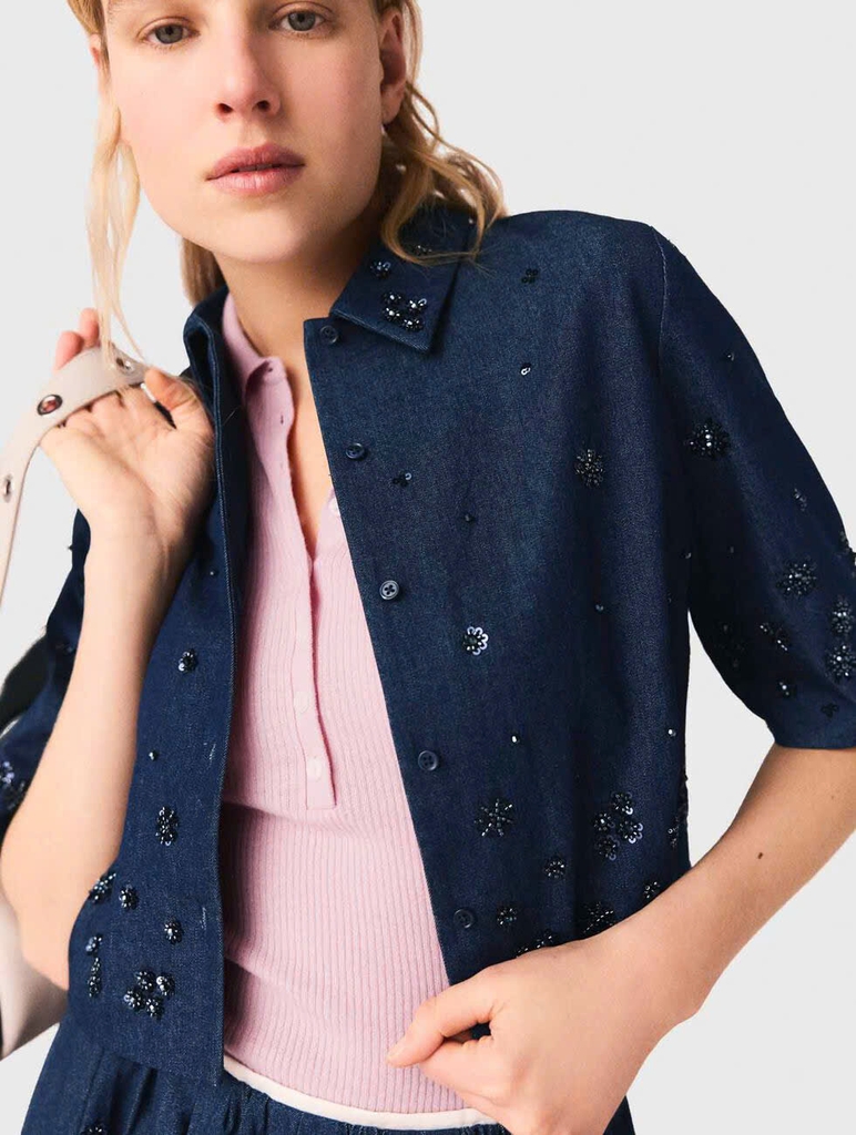 Áo sơ mi denim ngắn tay thêu