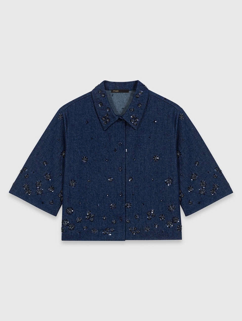 Áo sơ mi denim ngắn tay thêu
