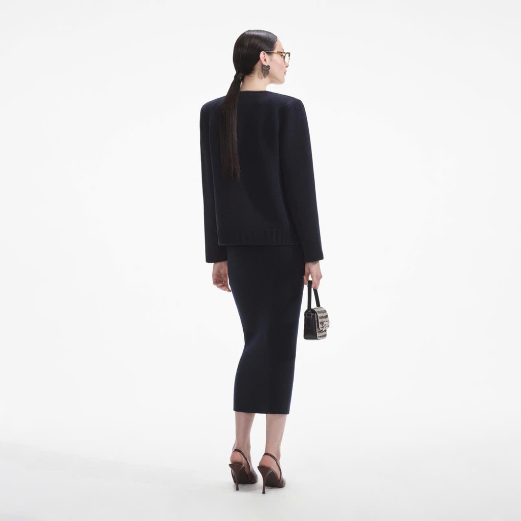 Áo khoác len cardigan đính họa tiết xanh navy