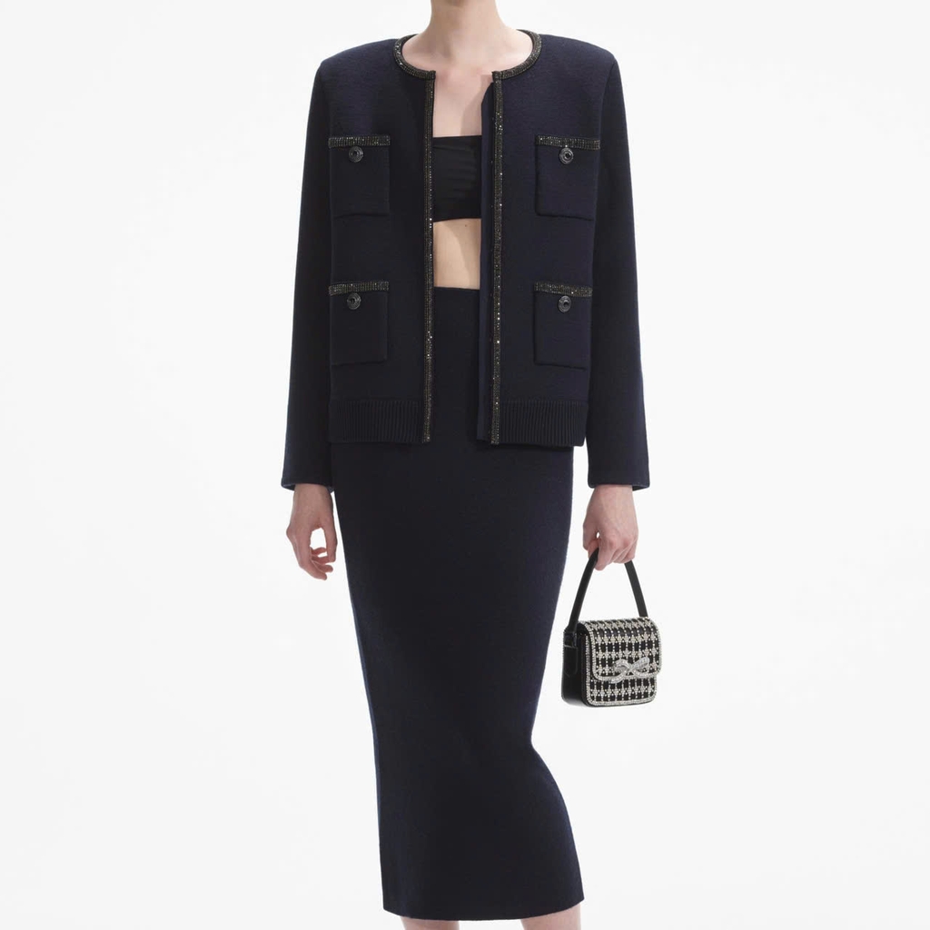 Áo khoác len cardigan đính họa tiết xanh navy