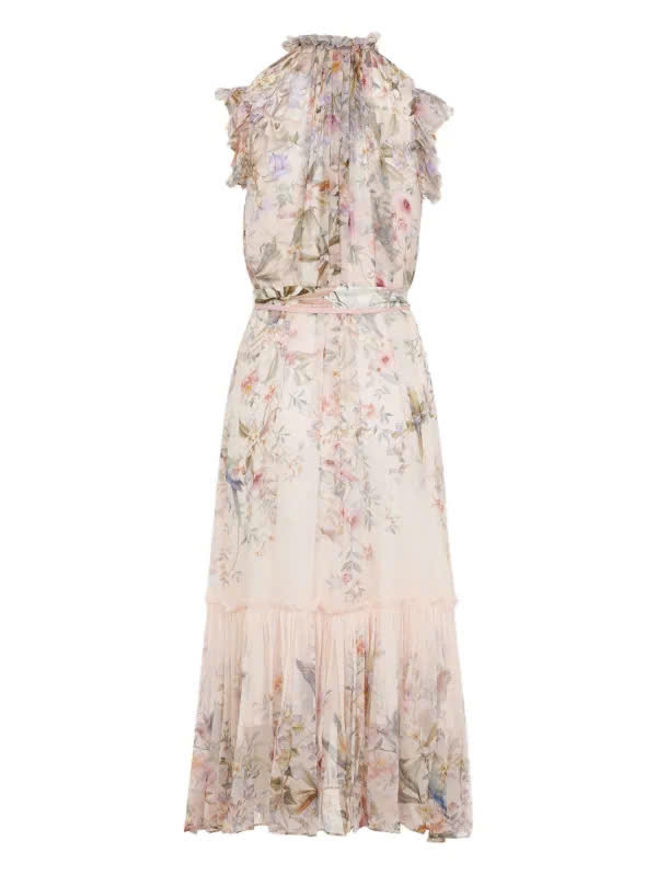 Đầm maxi chiffon in họa tiết xếp nếp