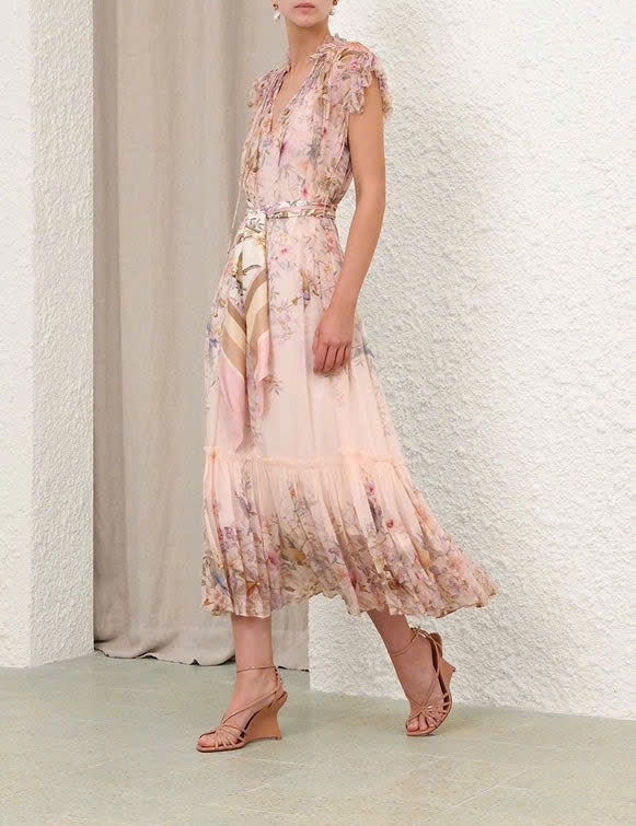 Đầm maxi chiffon in họa tiết xếp nếp