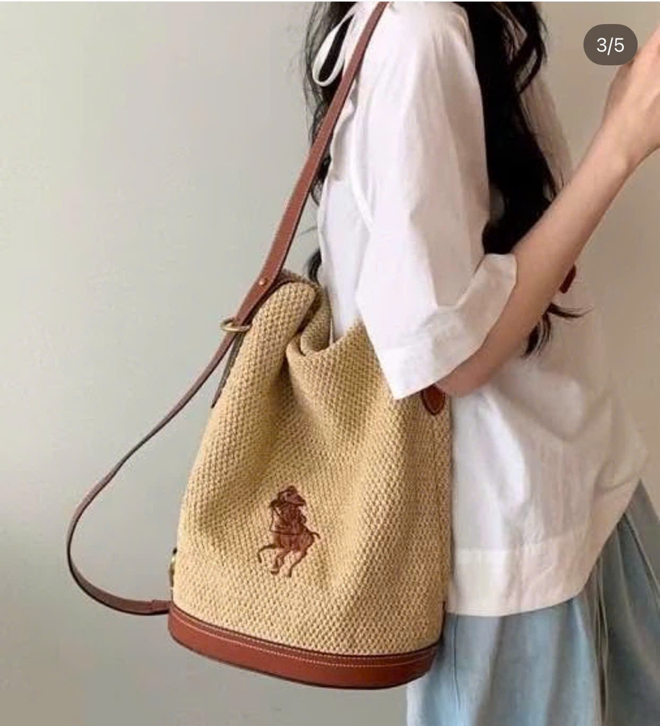 Túi Hobo Polo RL cói viền da nâu