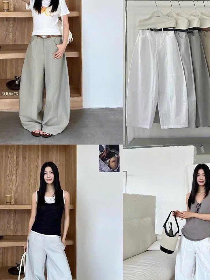 Quần suông T-Flatform khaki linen ống cong 4 màu kèm belt (W216190)