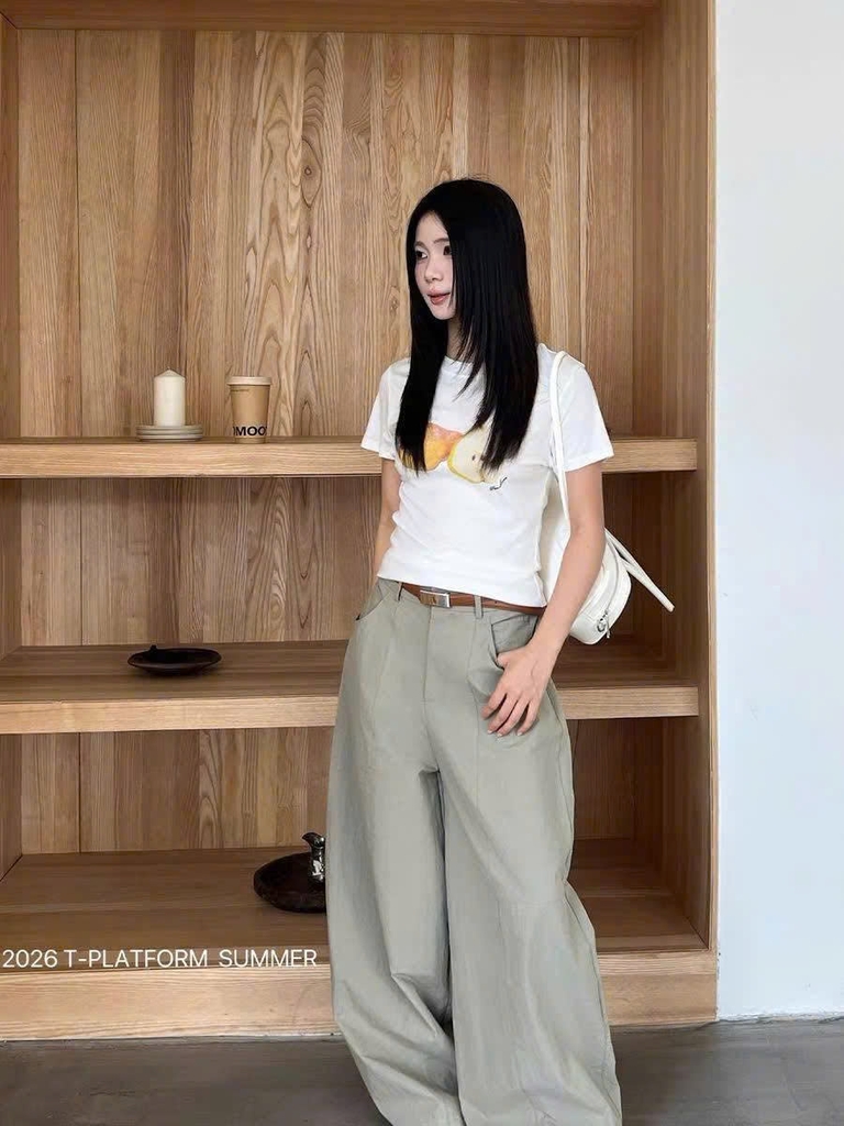 Quần suông T-Flatform khaki linen ống cong 4 màu kèm belt (W216190)