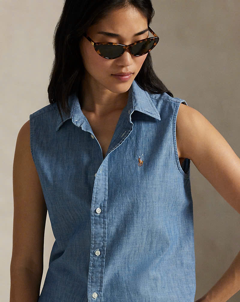 Áo sơ mi không tay bằng vải chambray cotton