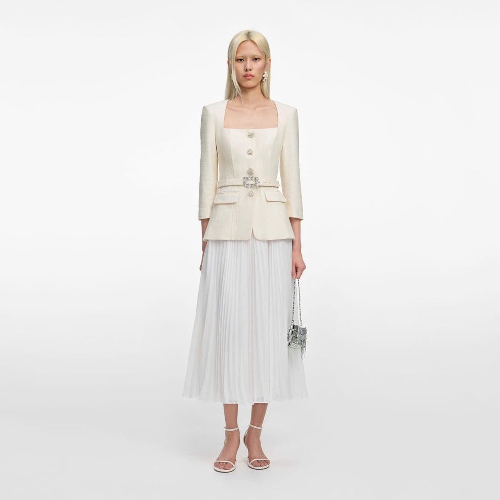ĐẦM MIDI DÀI TAY BẰNG CHIFFON MÀU KEM