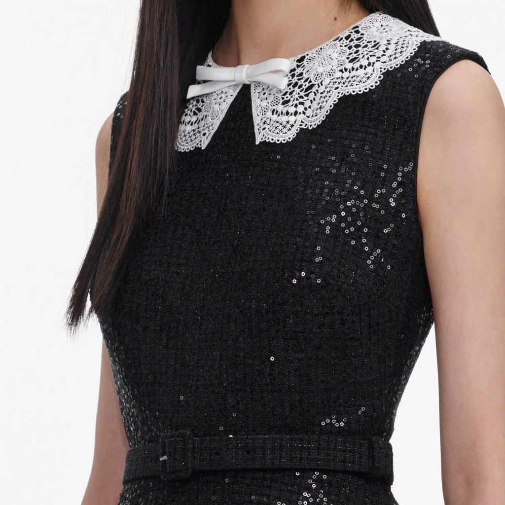 VÁY NGẮN MÀU ĐEN ĐÍNH SEQUIN BẰNG VẢI BOUCLE