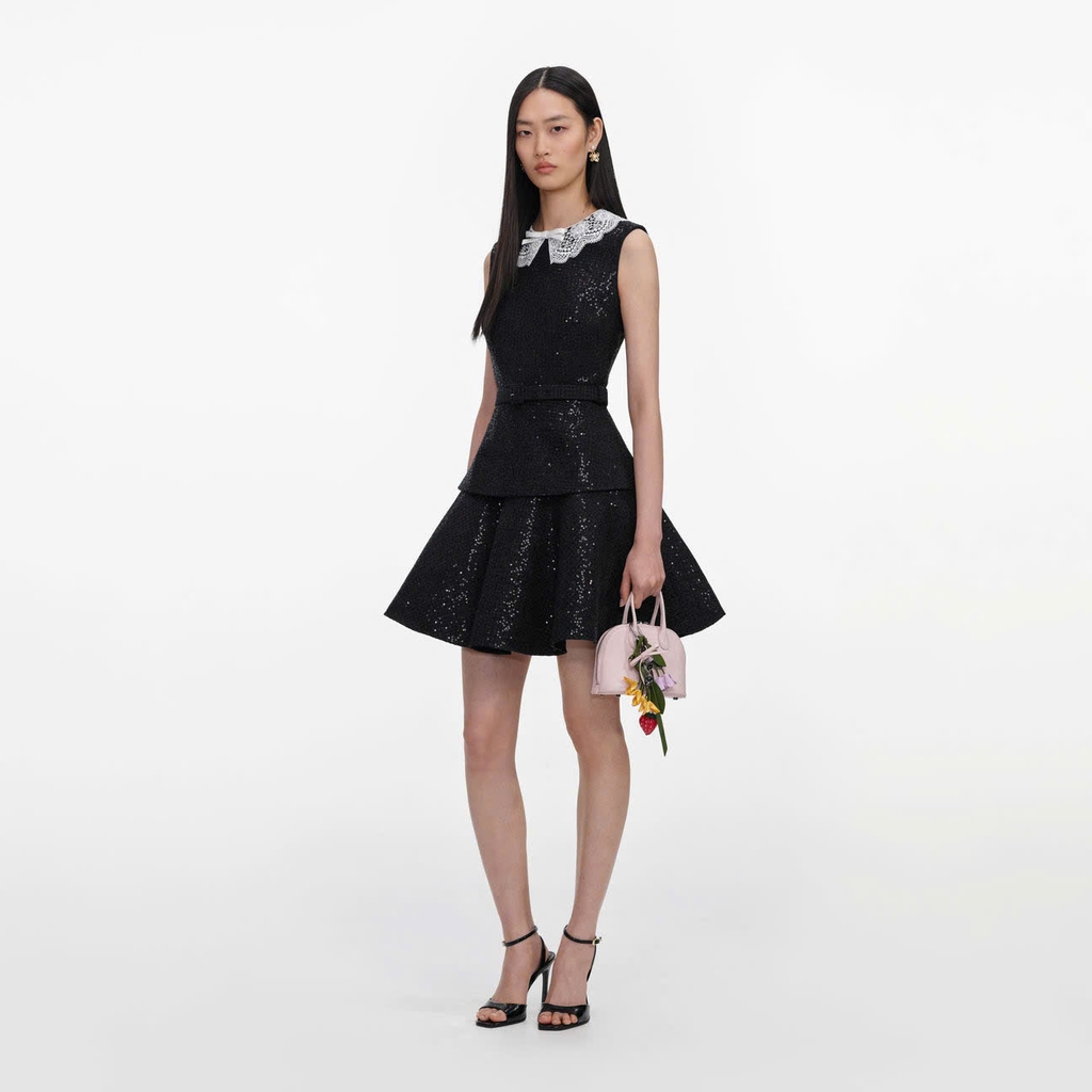 VÁY NGẮN MÀU ĐEN ĐÍNH SEQUIN BẰNG VẢI BOUCLE