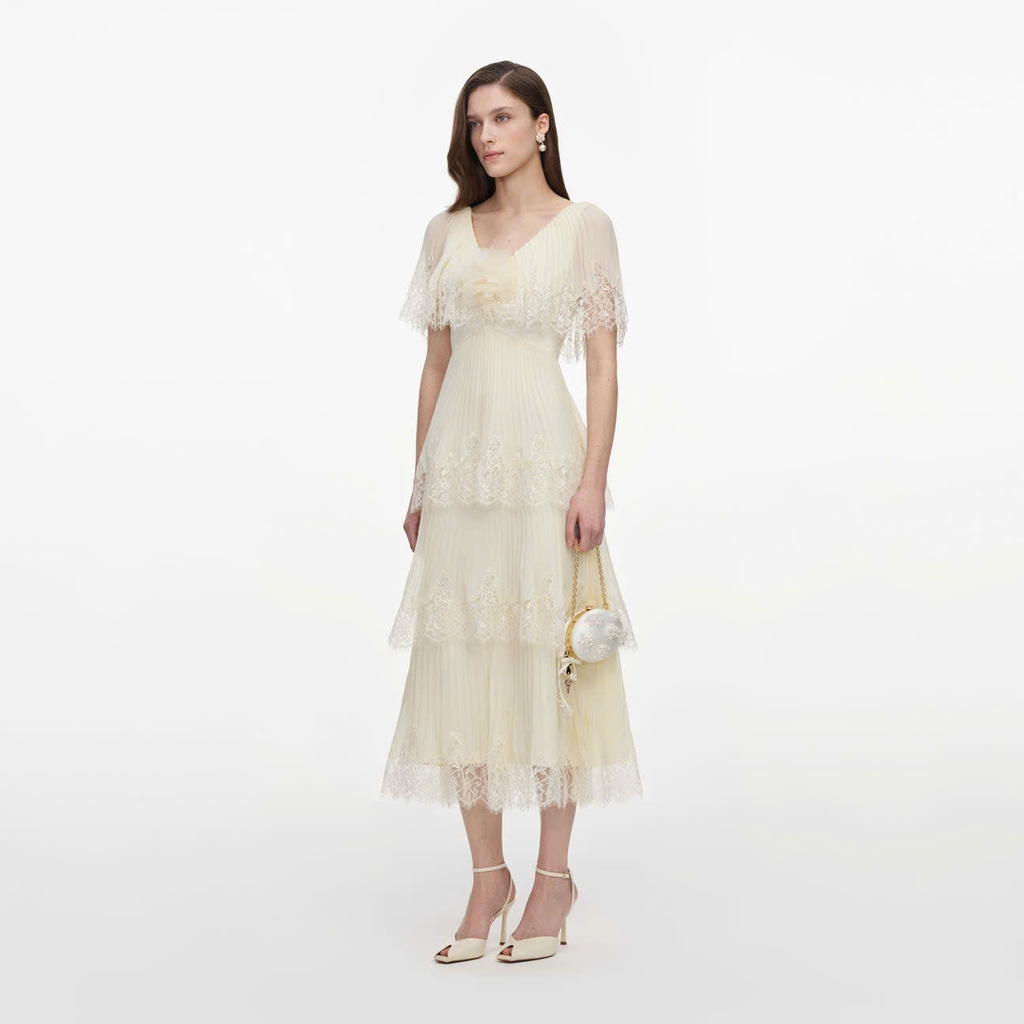 VÁY MIDI XẾP TẦNG BẰNG VẢI CHIFFON MÀU VÀNG