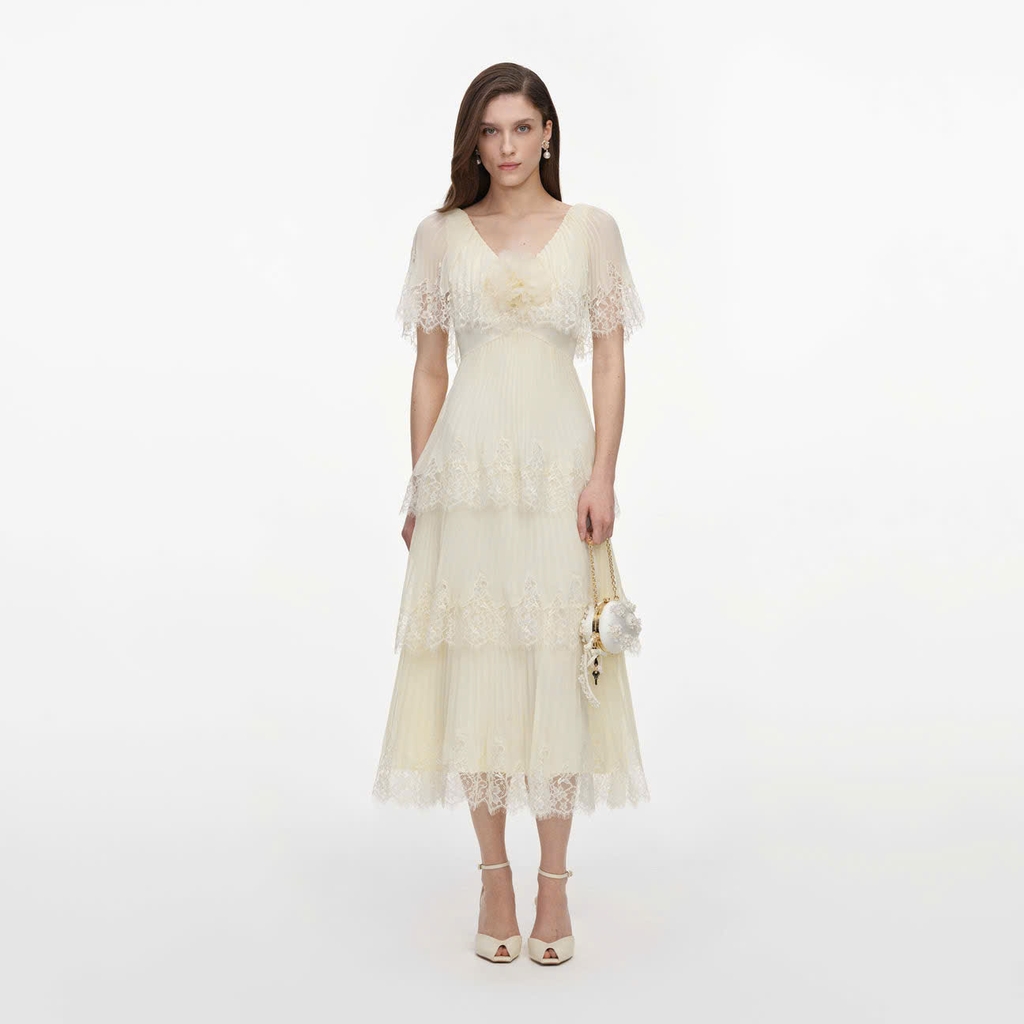 VÁY MIDI XẾP TẦNG BẰNG VẢI CHIFFON MÀU VÀNG