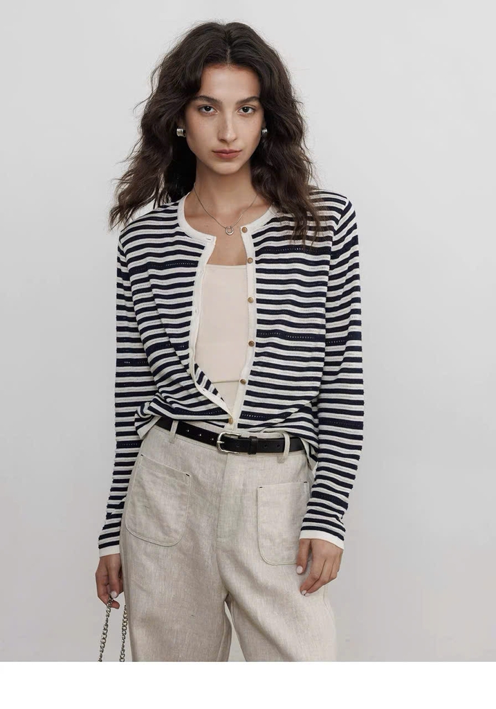 CDG Mo&Co kẻ ngang cổ tròn 2 màu 85% wool 15% silk