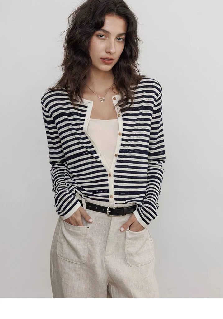 CDG Mo&Co kẻ ngang cổ tròn 2 màu 85% wool 15% silk