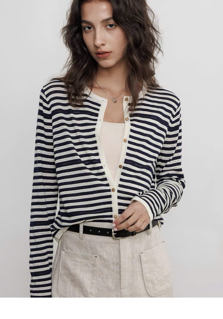 CDG Mo&Co kẻ ngang cổ tròn 2 màu 85% wool 15% silk