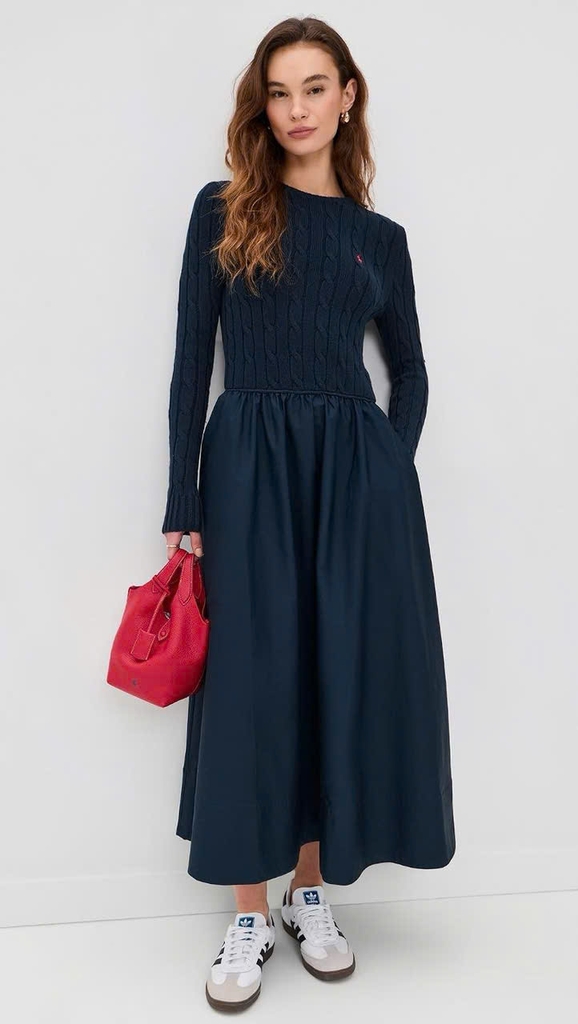 Đầm cotton Polo RL thân trên dệt kiểu vặn thừng dáng maxi