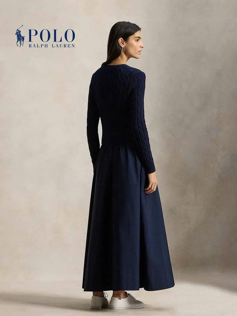 Đầm cotton Polo RL thân trên dệt kiểu vặn thừng dáng maxi