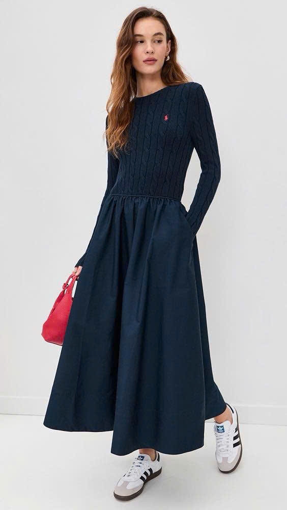 Đầm cotton Polo RL thân trên dệt kiểu vặn thừng dáng maxi