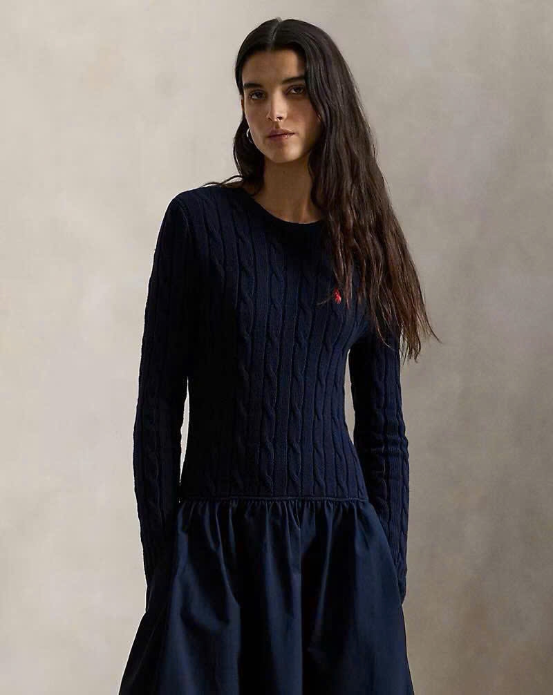Đầm cotton Polo RL thân trên dệt kiểu vặn thừng dáng maxi