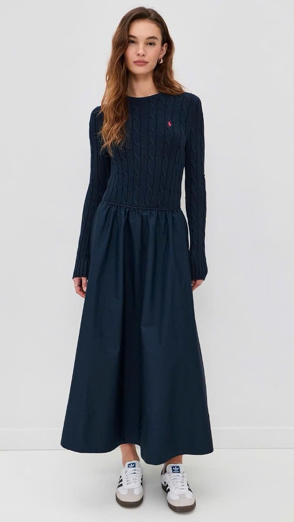 Đầm cotton Polo RL thân trên dệt kiểu vặn thừng dáng maxi