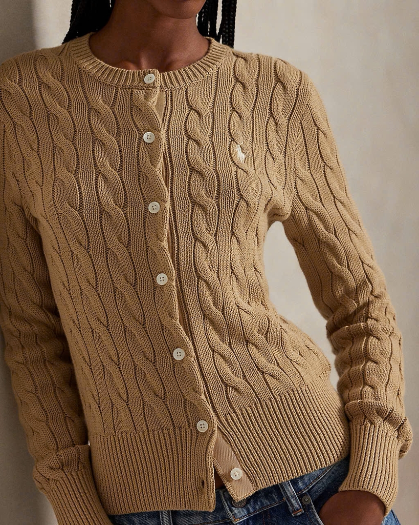 Áo khoác cardigan Polo RL cổ tròn bằng cotton dệt kim kiểu cáp