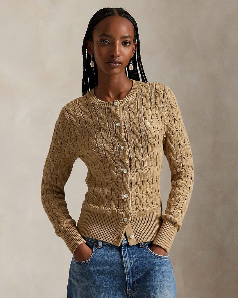 Áo khoác cardigan Polo RL cổ tròn bằng cotton dệt kim kiểu cáp